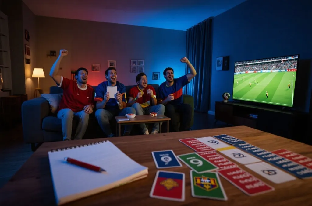 世界杯球迷在客厅观看比赛并做笔记的场景